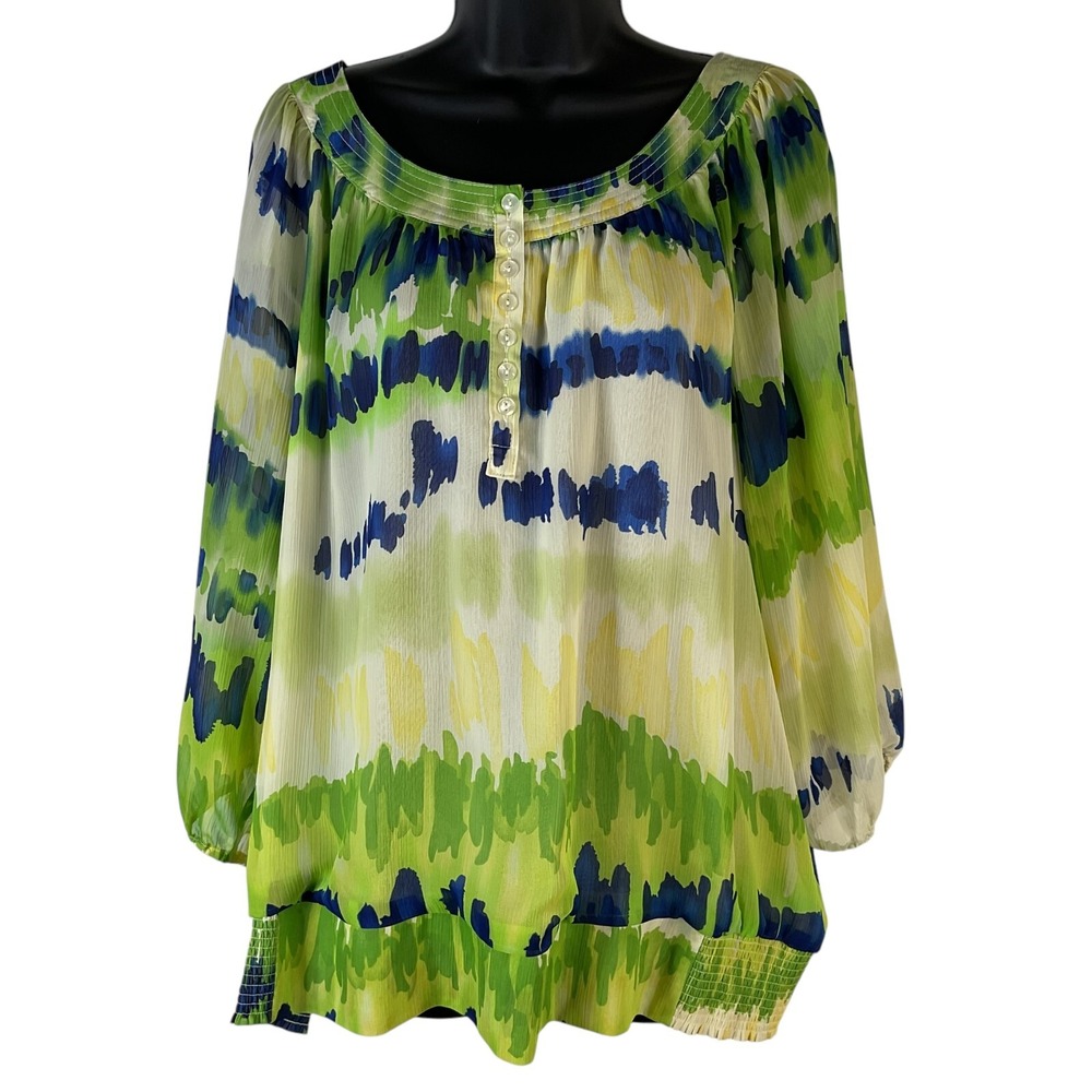 Dressbarn Blouse Women's Sz 2XL Yellow Blue Green Sheer Lined Sleeve Scoop Neck‎